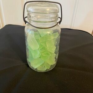 Antique quart Glass Jar with Green glass ( faux sea glass )